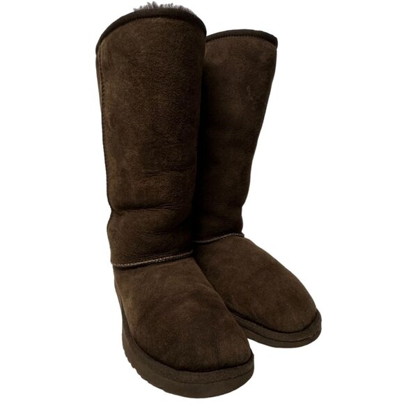 UGG Classic Tall Boot Youth 4 Dark Brown Suede Sheepskin Shearling Lined PullOn - Picture 9 of 16